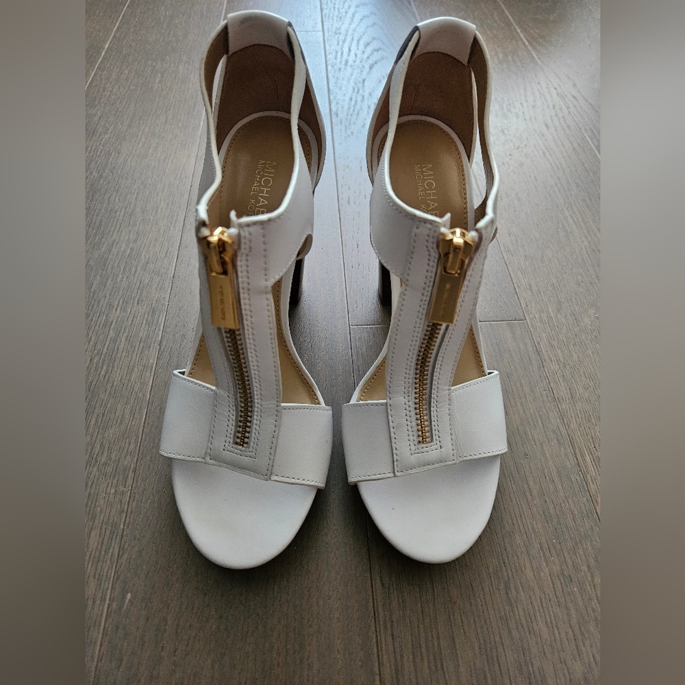 Michael Kors Berkley White Heeled Sandals with Gold Zipper